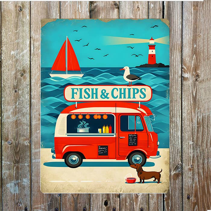Retro Fish And Chips Truck Seaside Metal Sign Plaque