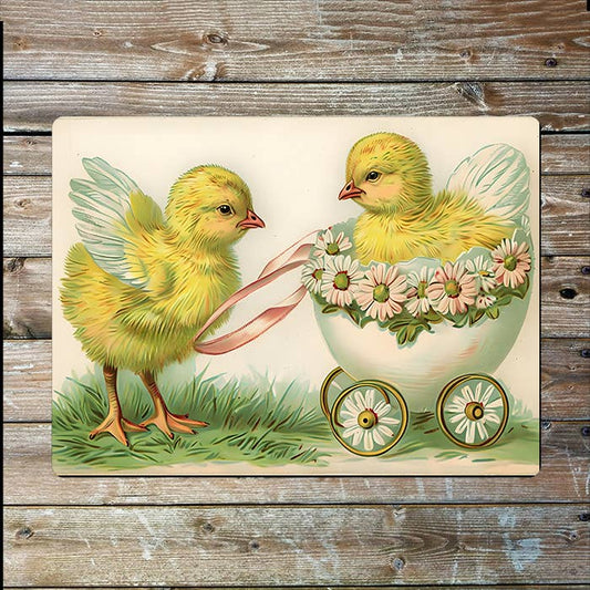 Vintage Easter Two Joyful Yellow Chicks | Metal Sign Plaque
