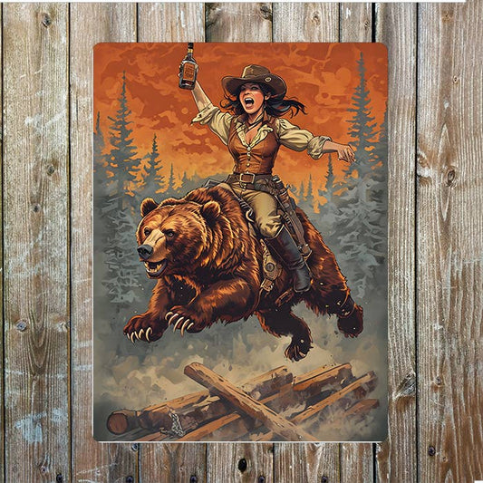 Cowgirl Riding Brown Bear | Cowboy Western | Metal Sign Plaque