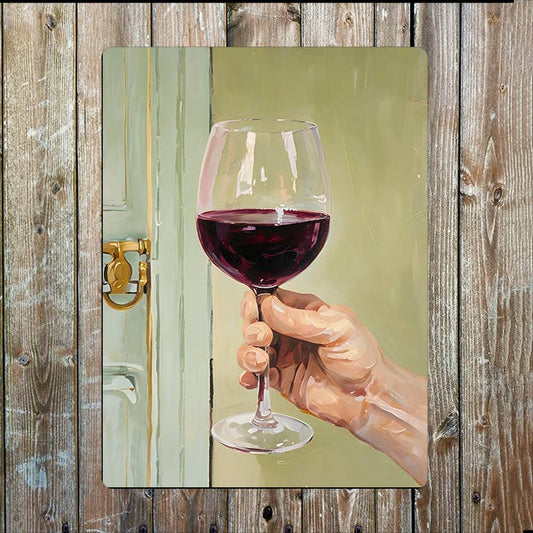 Painting of Hand Holding Red Wine Glass Metal Sign Plaque