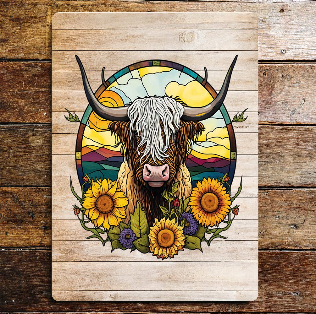 Highland Cow Bull art Sunflowers | Metal Wall Sign