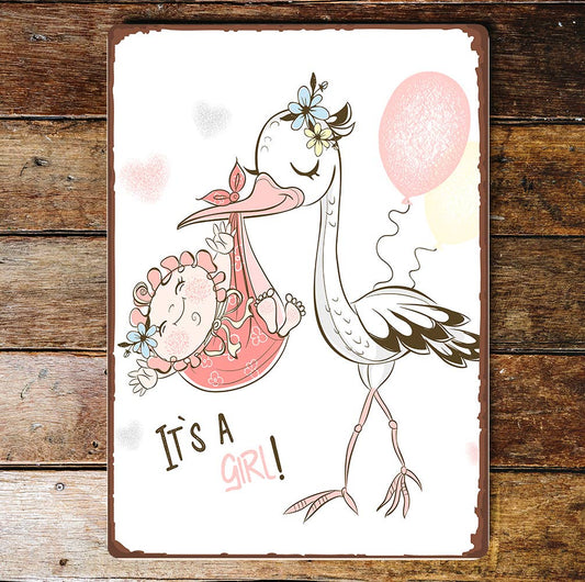 It's A Girl Stork Balloon | Metal Wall Sign Plaque