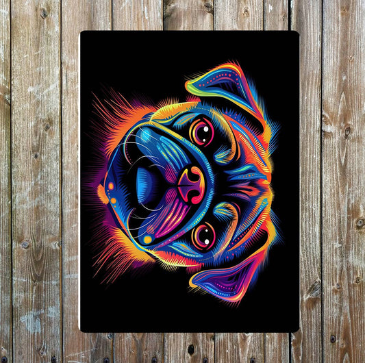 Bright Pug Black Background | Metal Sign Plaque