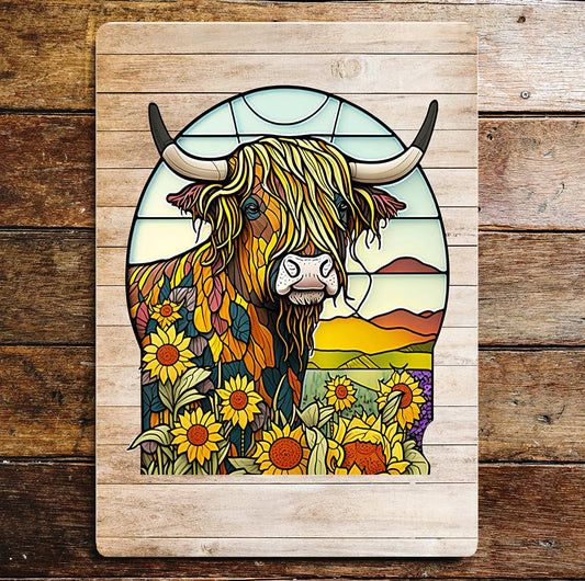 Highland Cow art Sunflower | Metal Wall Sign