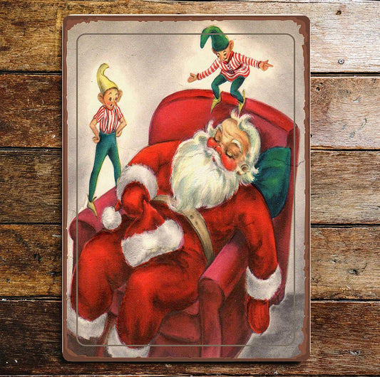 Sleeping Father Christmas Naughty Elves Metal Sign Plaque