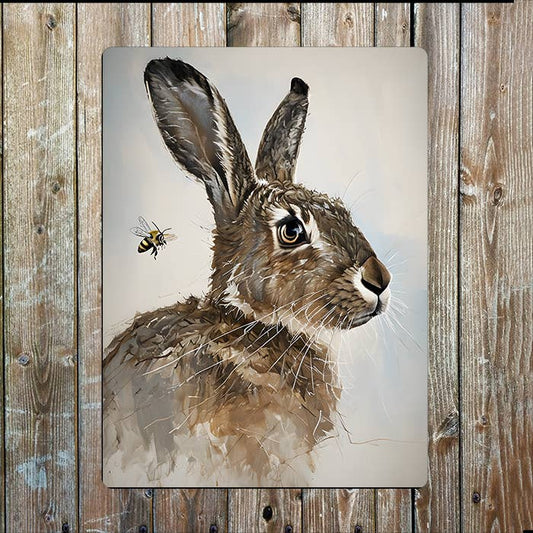 Realistic Hare Painting With Bee | Metal Sign Plaque