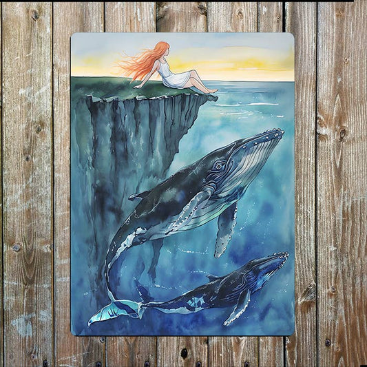 Watercolor Whales Girl Cliff Sea Nautical | Metal Sign Plaque