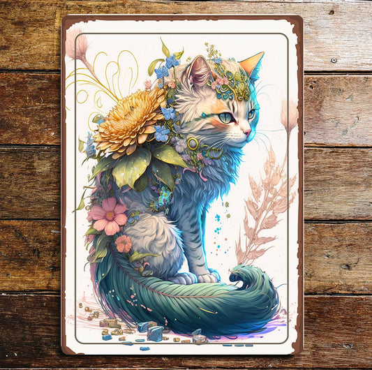 Cat Flowers Headdress Feather | Metal Sign Plaque