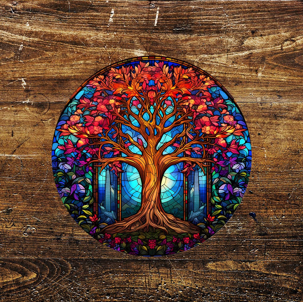 Red Tree Stained Glass affect Circle Metal Sign