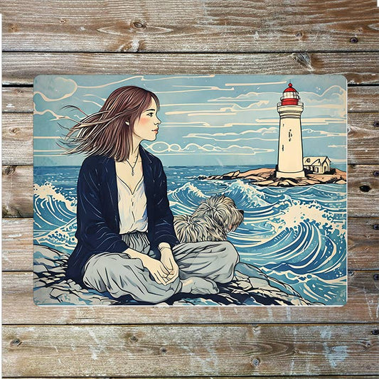 Woman Dog Rocks Lighthouse Sea Nautical | Metal Sign Plaque