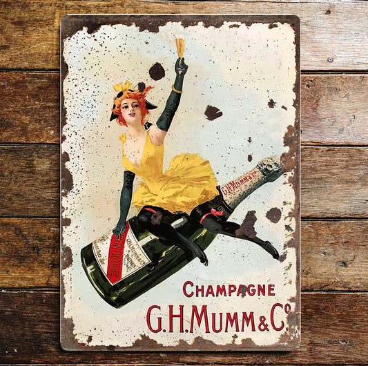 Champagne Bottle With Girl | Metal Sign Plaque
