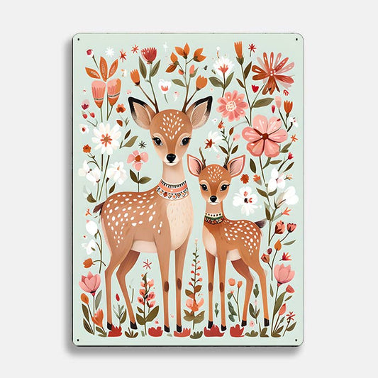 Deer Illustration Flower scandinavian folk | Metal Sign Plaque