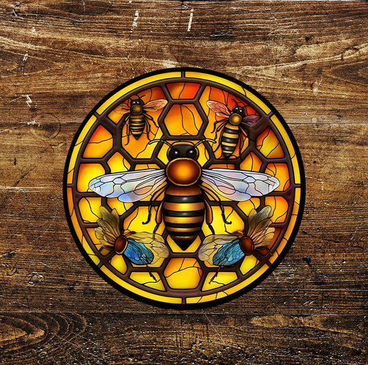 Queen Bee Stained Glass Style Circle Art Metal Sign