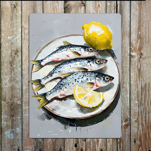 Still Life Painting Of Fish And Lemons Metal Sign Plaque