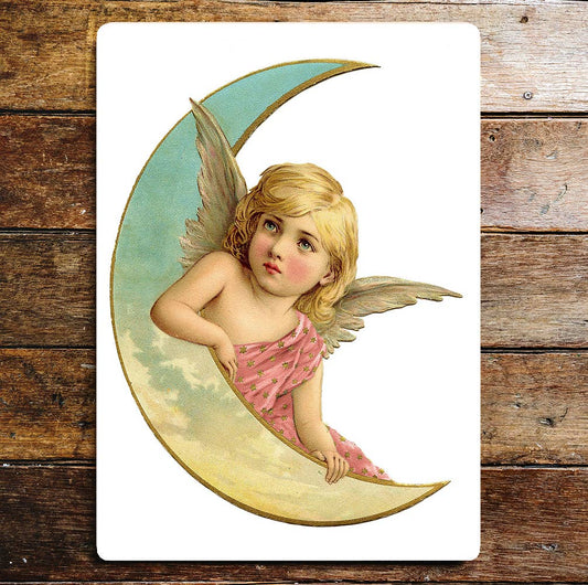 Angel Moon Angelic Wings Pink | Metal Wall Sign