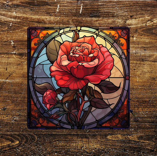 Red Rose Stained-Glass Affect | Metal Sign Plaque Square