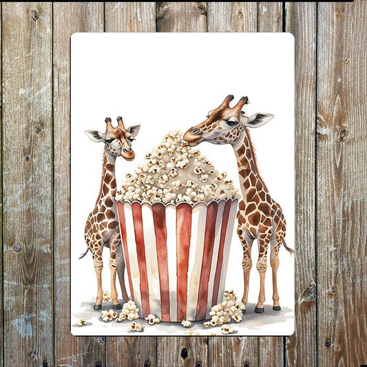 Illustration Of Giraffes Popcorn | Metal Sign Plaque
