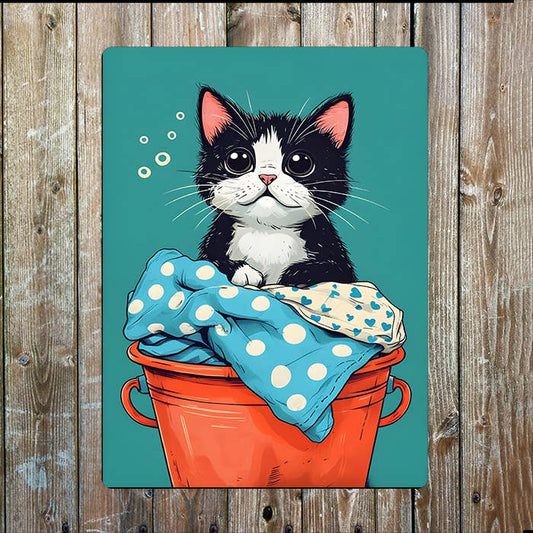Cat With Laundry Basket Washing | Metal Sign Plaque