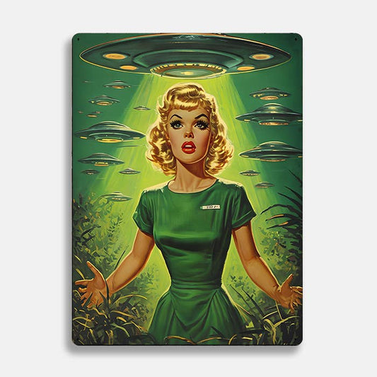 Female Figure And UFOs Alien UFO | Metal Sign Plaque