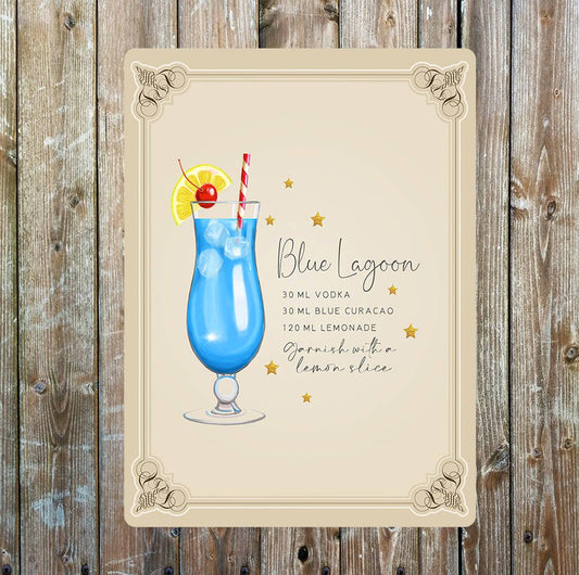 Blue Lagoon Recipe Cocktail Decorative | Metal Sign Plaque
