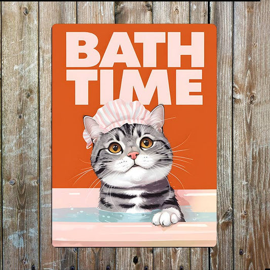 Bath Time Cat Bathroom Retro | Metal Sign Plaque