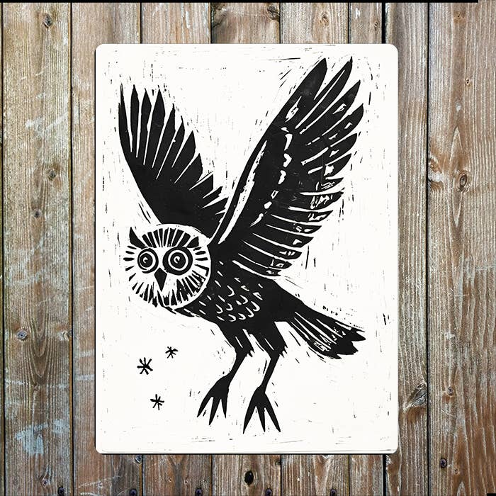 Owl In Flight Linocut Style | Metal Sign Plaque