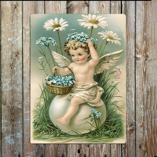 Vintage Easter Cherubic Angel Egg Flowers | Metal Sign Plaque