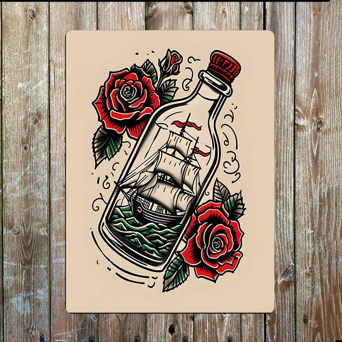 Ship In Bottle Tattoo Style Nautical Metal Sign Plaque