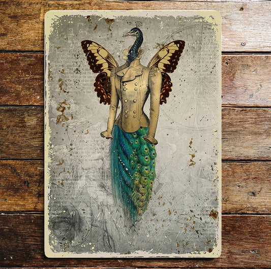 Peacock In Jacket Butterfly Wing Vintage Metal Sign Plaque