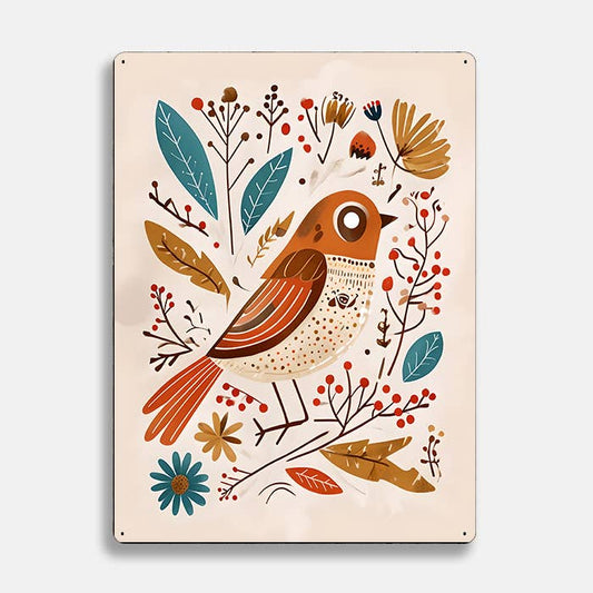 scandi bird Flowers scandinavian folk Metal Sign Plaque