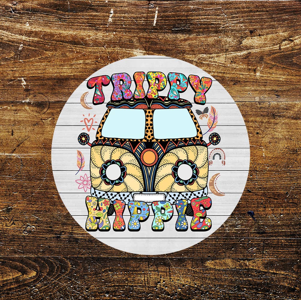 Trippy Hippie Camper Van Circle Metal Sign
