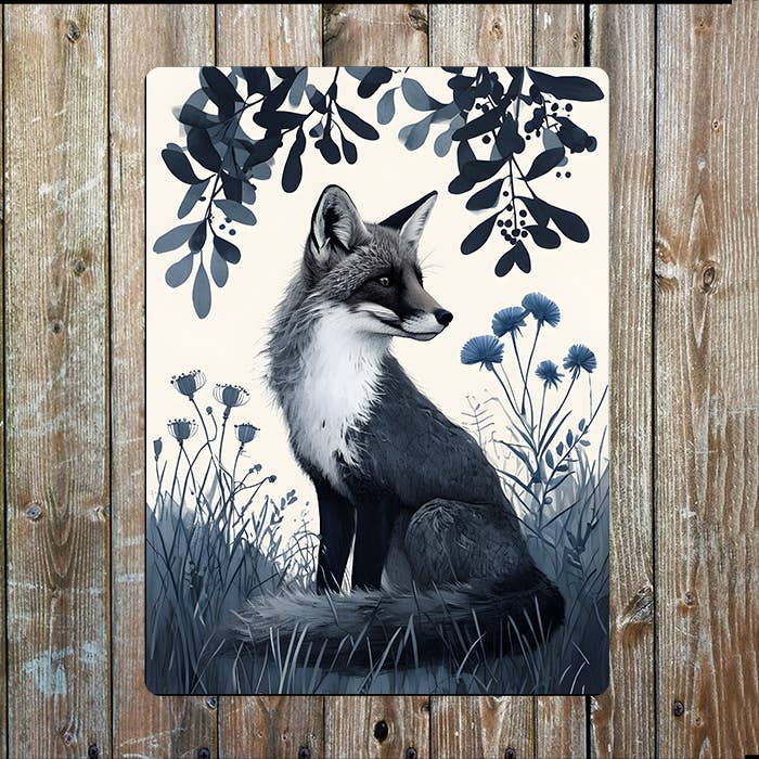 Gray Fox Amidst Serene Meadow Floral | Metal Sign Plaque
