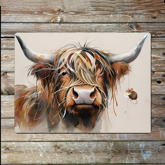 Highland Cow With Mouse And Daisy | Metal Sign Plaque