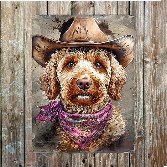 Cockapoo In Cowboy Hat Scarf Western | Metal Sign Plaque