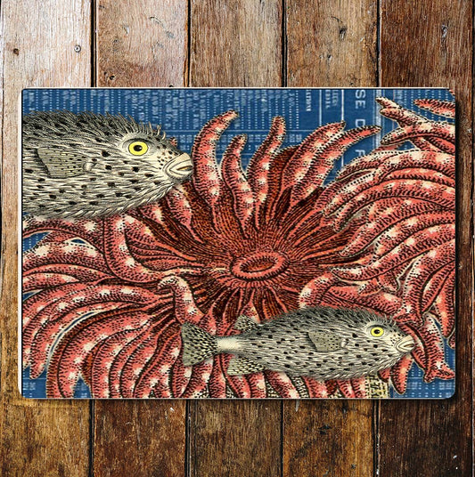 Puffer Fish Sea Life Coral Metal Sign Plaque