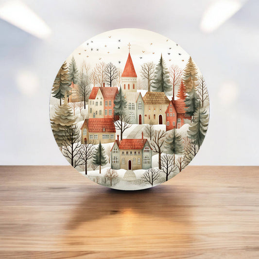 Snow Snowy Village Cute Christmas Circle Metal Sign