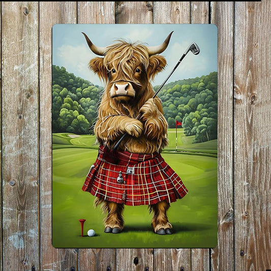 Highland Cow Rustic Golf Scotland | Metal Sign Plaque