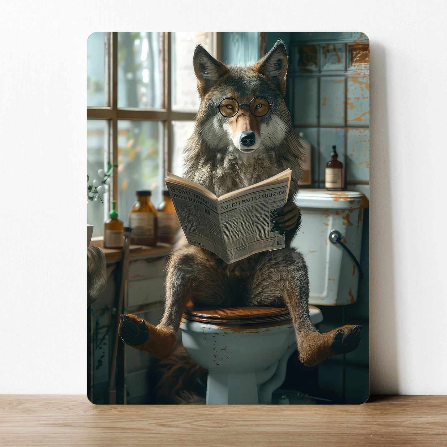 Wolf, Reading on Toilet, Funny Bathroom | Metal Sign Plaque