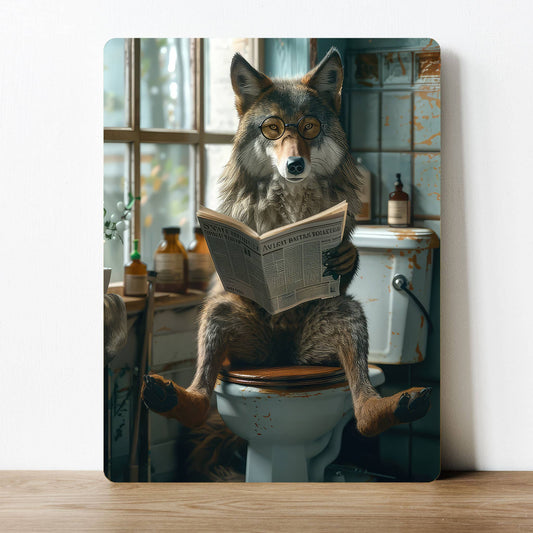 Wolf, Reading on Toilet, Funny Bathroom | Metal Sign Plaque