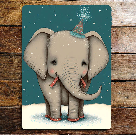Cute Smiling Elephant Party Hat Snow | Metal Sign Plaque