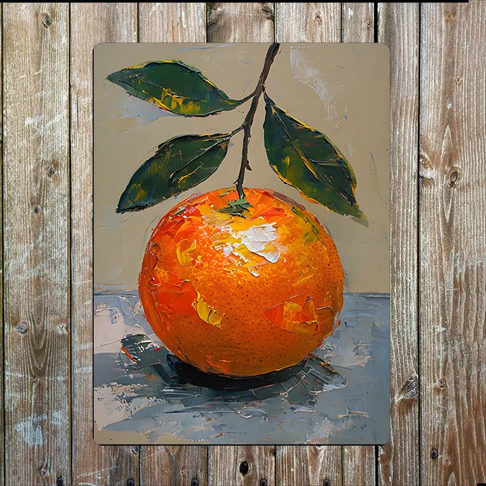 Painting style Orange Fruit with Leaves Metal Sign Plaque