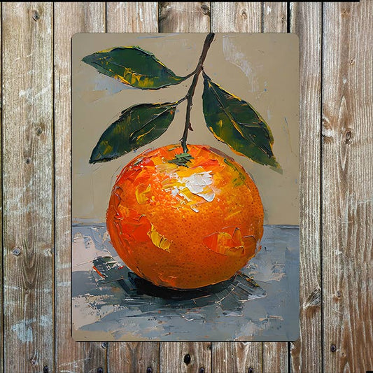 Painting style Orange Fruit with Leaves Metal Sign Plaque