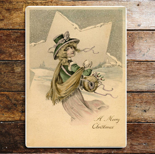 Vintage Lady Merry Christmas Snowy Day | Metal Sign Plaque