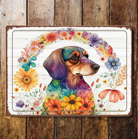 Cute Dachshund With Flowers Portrait | Metal Sign Plaque