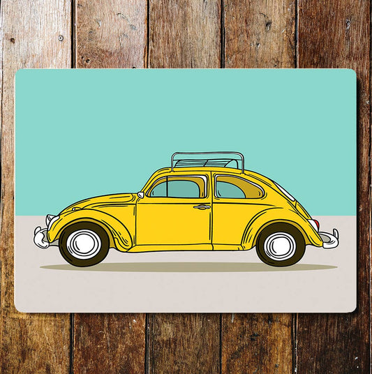 Yellow vintage Bug Car | Metal Sign Plaque