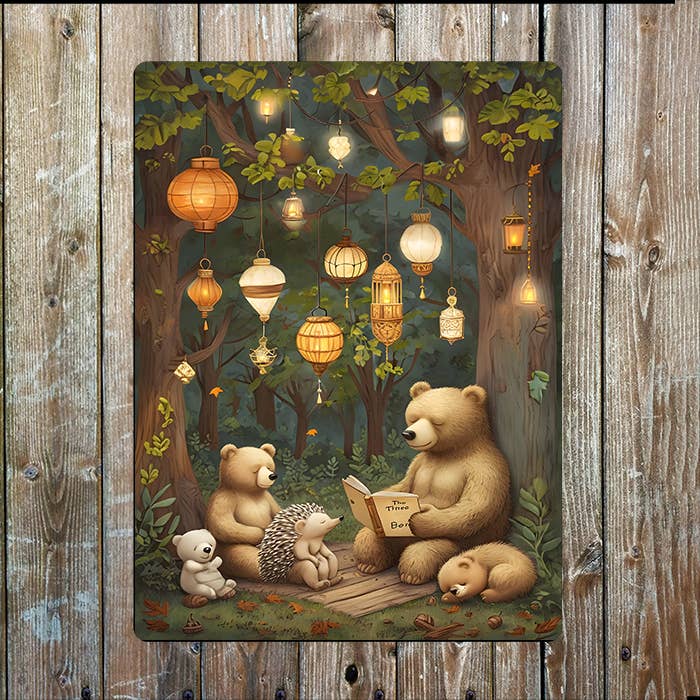 Woodland Scene With Bears And Lanterns | Metal Sign Plaque