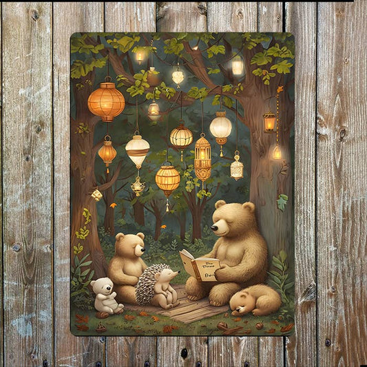 Woodland Scene With Bears And Lanterns | Metal Sign Plaque