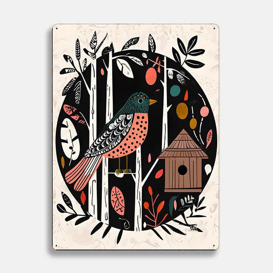 Birds House Trees scandinavian folk | Metal Sign Plaque