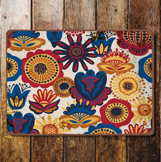 folk pattern flowers retro Nordic | Metal Wall Sign Plaque