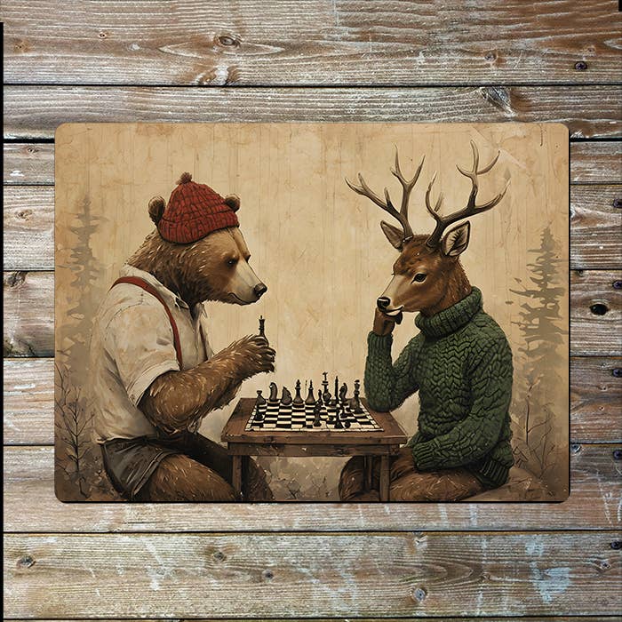 Bear And Deer Playing Chess Clothing | Metal Sign Plaque